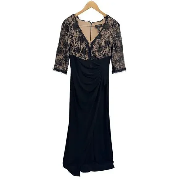 R&M Richards Gown Size 10 Black Beige Lace 3/4 Sleeve Maxi Front Slit Sequined